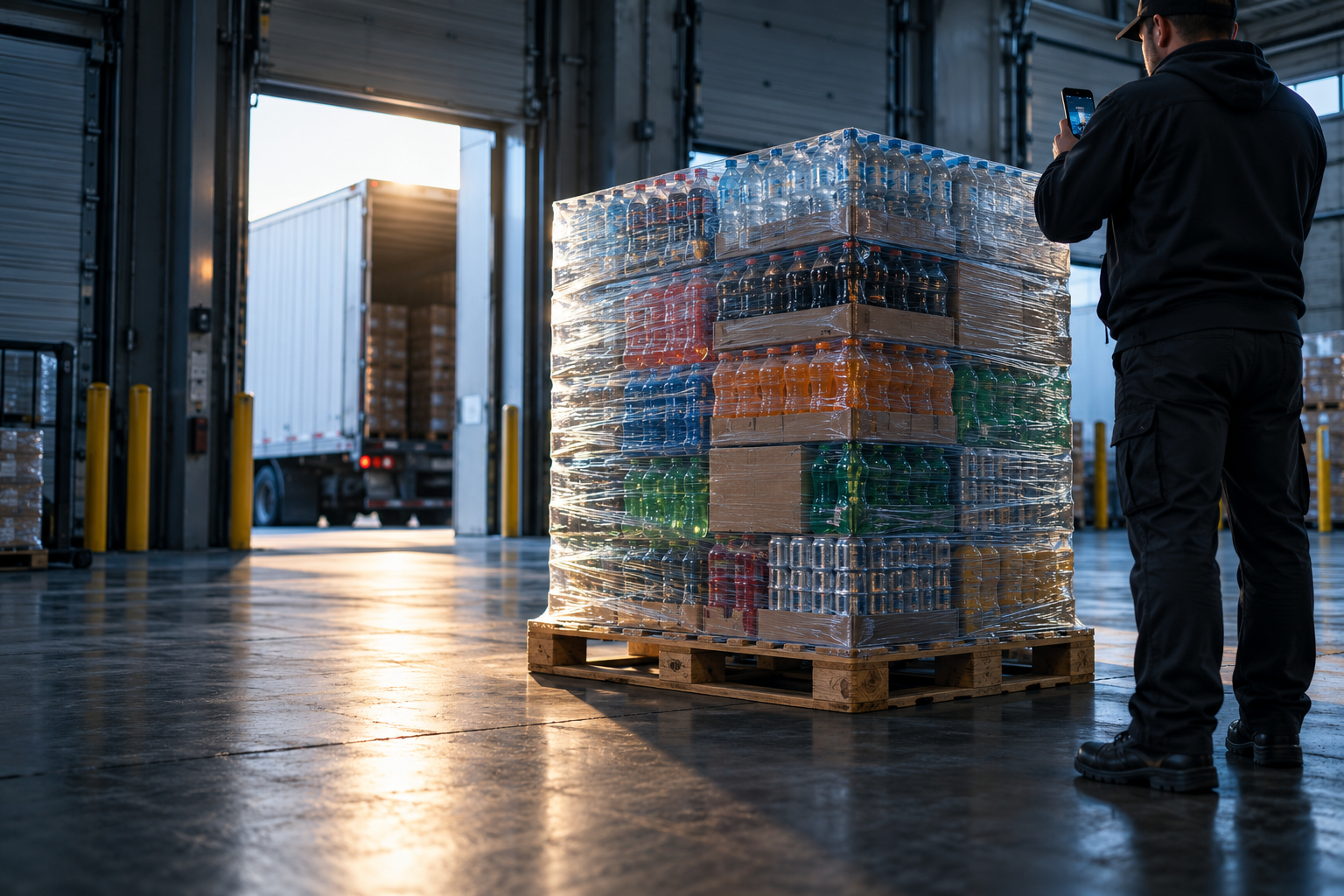 Driver documenting a wrapped beverage pallet at a distribution dock